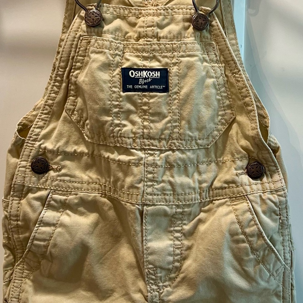 OshKosh B'gosh khaki color, 9 month baby Overalls with Navy striped suspenders.